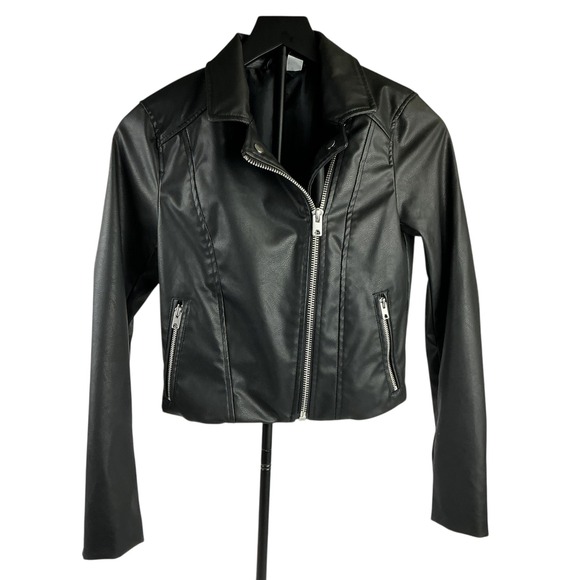 Divided H&M Faux Leather Black Biker Jacket  Women Moto Full Zip Slim Fitted XS - Picture 1 of 16